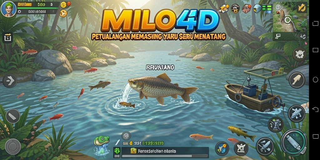 Tampilan screenshot gameplay MILO4D saat memancing di sungai.