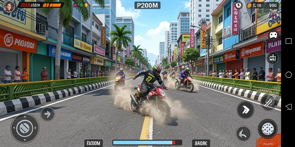 Tampilan layar balap penuh aksi dalam P200M yang menegangkan.