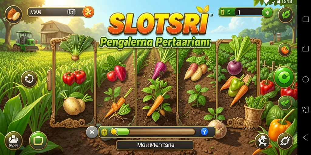 Screenshot gameplay SLOTSRI menampilkan aktivitas bertani yang seru.